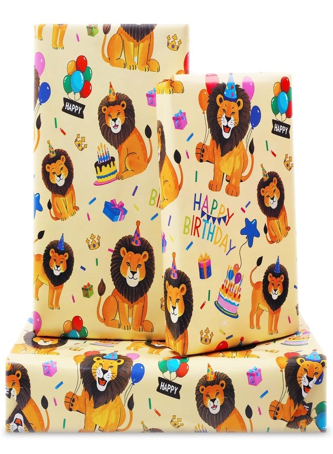AirCool Lion Wrapping Paper for Boy Kids, Lion Safari Jungle Party Baby Lion King With Birthday Hat and Balloon Wrapping Paper 6 Sheets Foled Flat 20x28 Inches per Sheet, Lion Gift Wrap For Birthday Party - Image 1